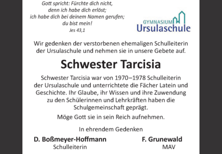 Wir gedenken unserer ehemaligen Schulleiterin Schwester Tarcisia