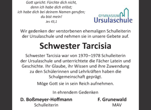 Wir gedenken unserer ehemaligen Schulleiterin Schwester Tarcisia